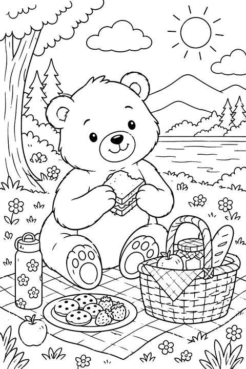 Bear having a picnic with a basket coloring page