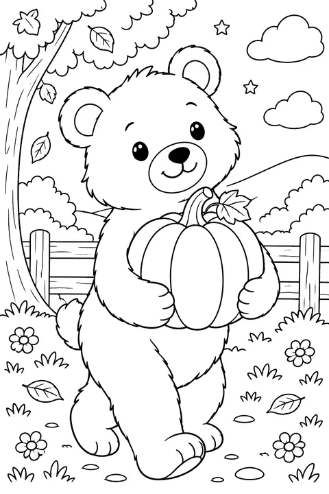 Bear carrying a pumpkin coloring page