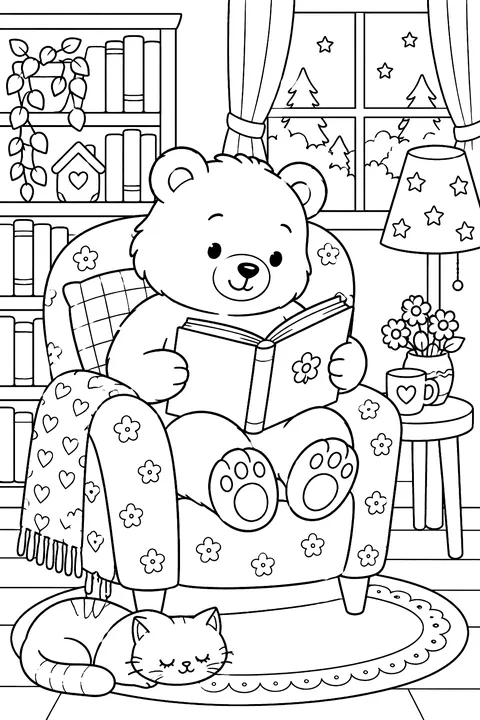 Bear reading a book in a cozy chair coloring page
