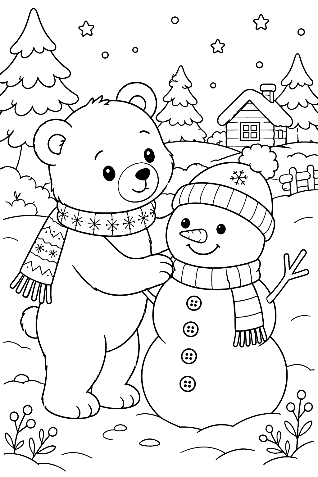 Bear in a scarf making a snowman coloring page