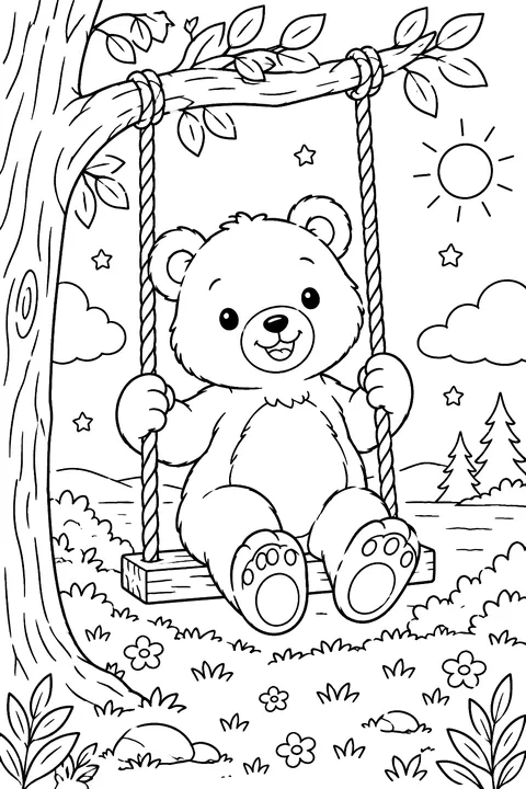 Bear on a tree swing coloring page