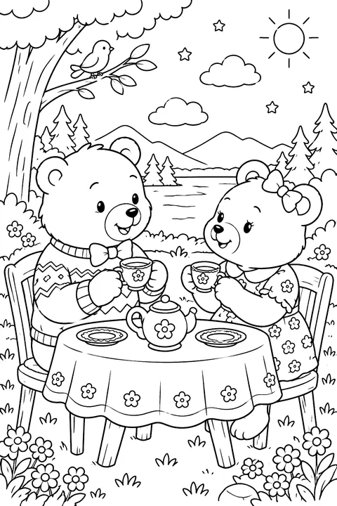 Two bears having tea coloring page