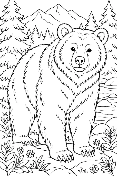 Realistic grizzly bear in the woods coloring page