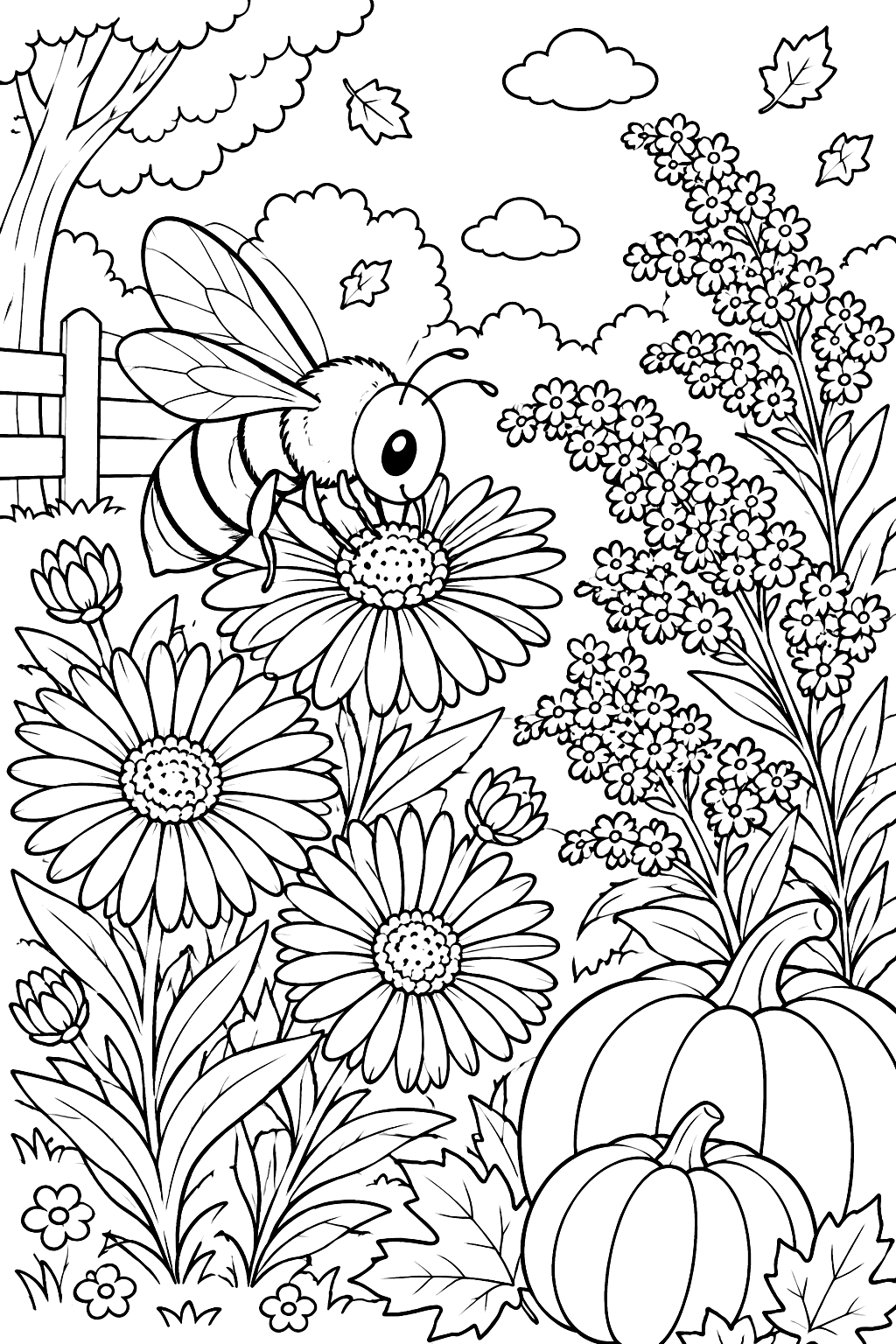 Bee visiting asters and goldenrod in a fall garden with pumpkins coloring page