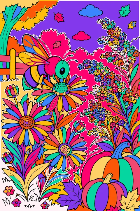 Bee visiting asters and goldenrod in a fall garden with pumpkins coloring page