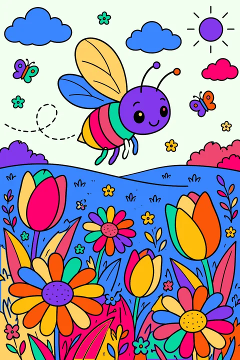 Bee flying over a flower meadow with daisies and tulips coloring page