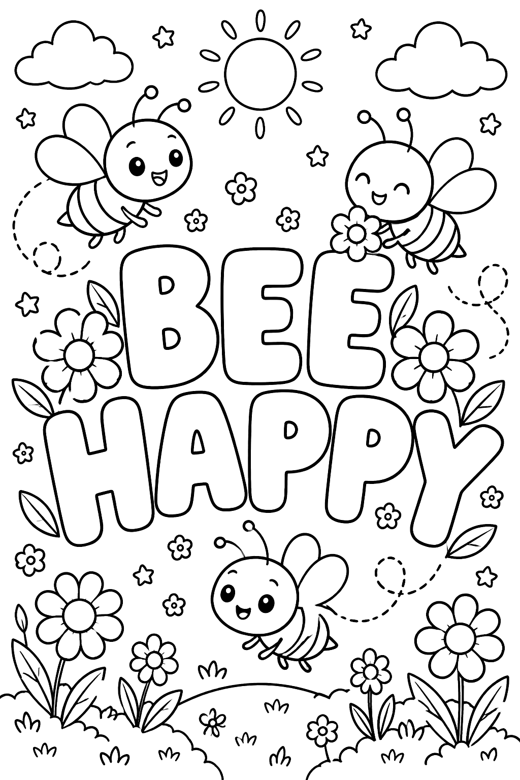 Big outline bubble letters spelling bee happy with bees and flowers around them coloring page