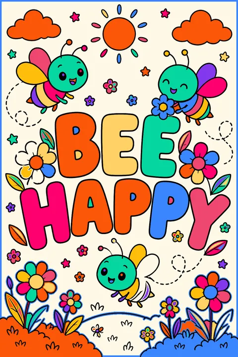 Big outline bubble letters spelling bee happy with bees and flowers around them coloring page