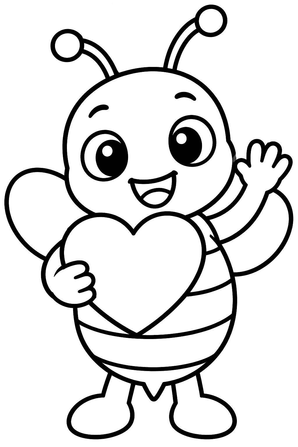 Cute bee holding a big heart and waving hello coloring page