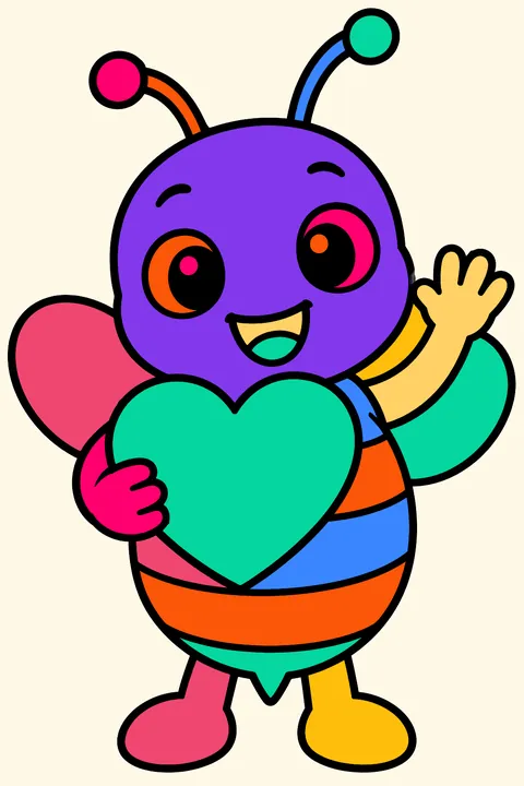 Cute bee holding a big heart and waving hello coloring page