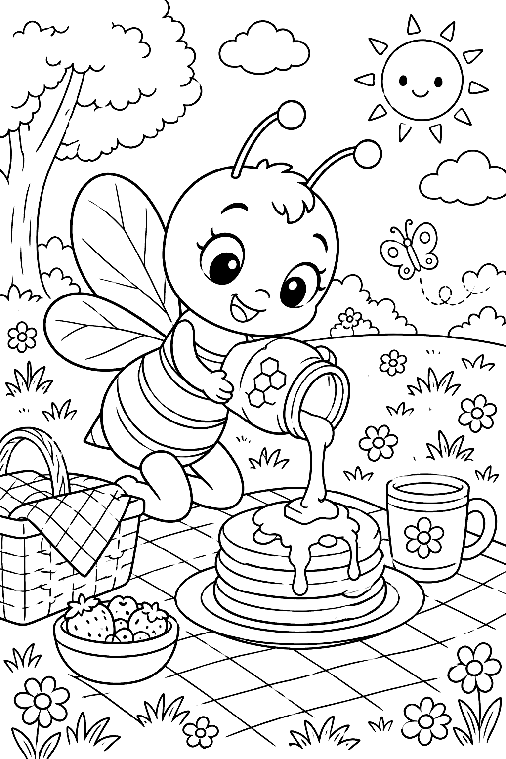 Cartoon bee pouring honey from a jar onto pancakes at a picnic coloring page