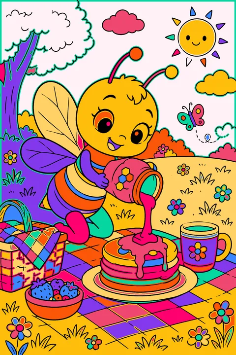 Cartoon bee pouring honey from a jar onto pancakes at a picnic coloring page