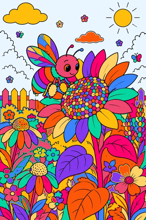 Bee collecting pollen from a sunflower in a garden full of blooms coloring page