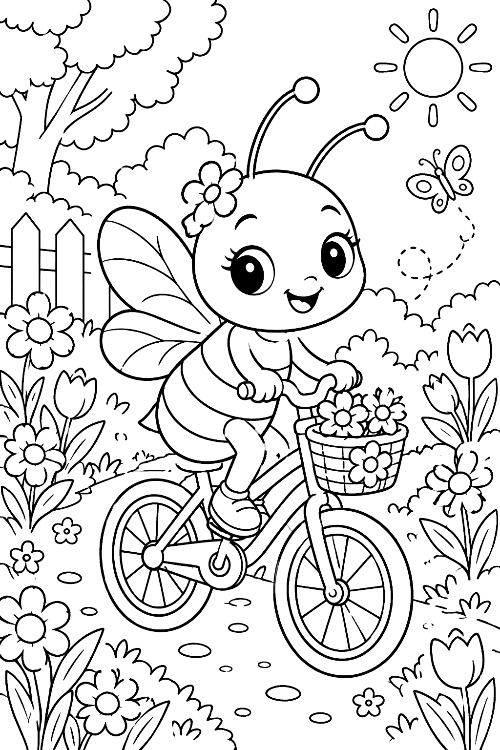 Bee riding a tiny bicycle along a garden path lined with flowers coloring page