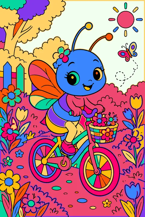 Bee riding a tiny bicycle along a garden path lined with flowers coloring page