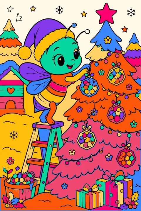 Bee in a santa hat decorating a christmas tree with honeycomb ornaments coloring page