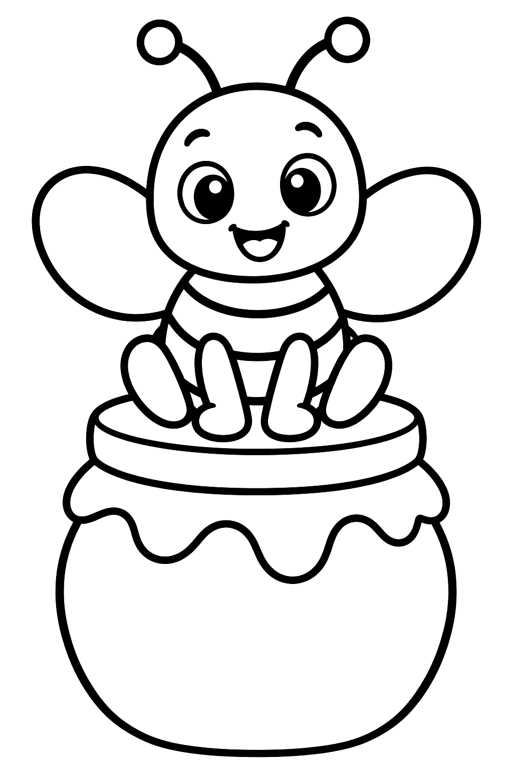 Happy bee sitting on top of a round honey jar coloring page