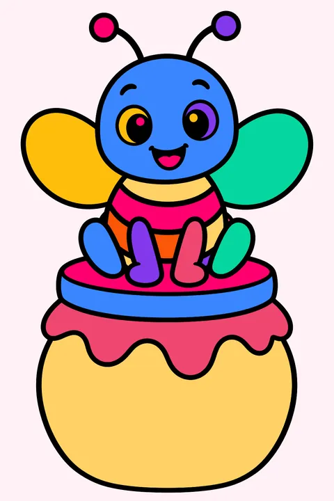 Happy bee sitting on top of a round honey jar coloring page