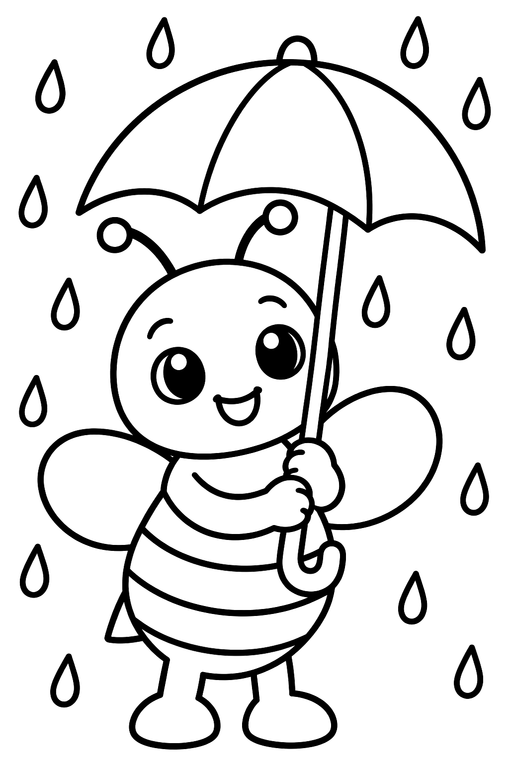 Little bee holding an umbrella in the falling rain coloring page