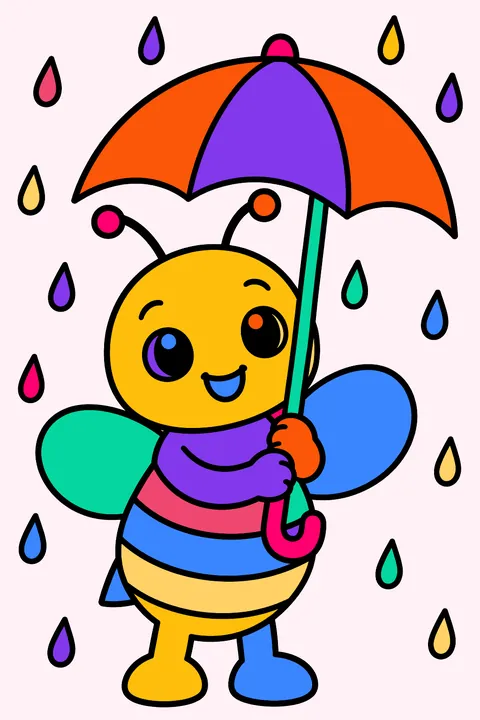 Little bee holding an umbrella in the falling rain coloring page