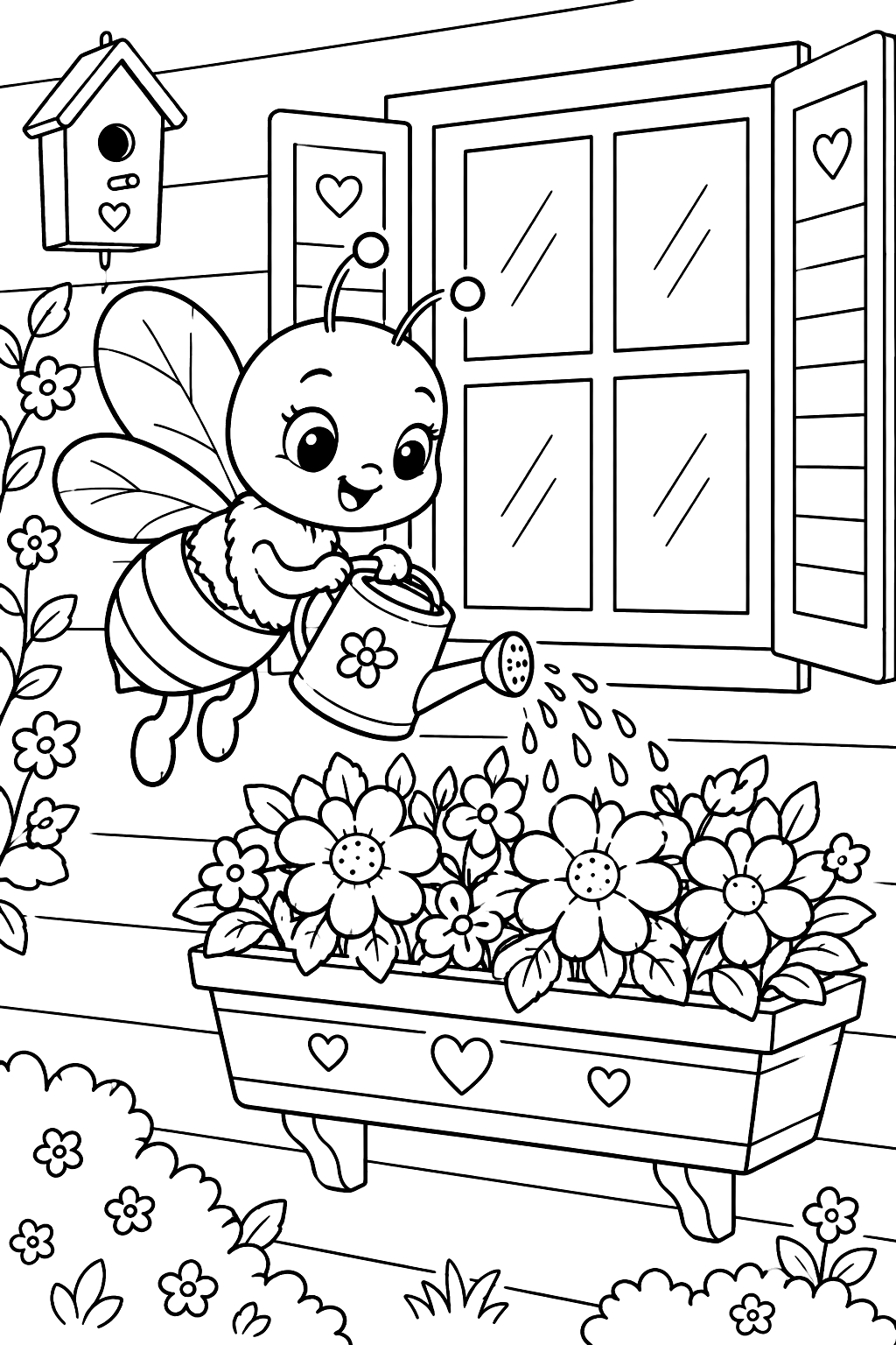 Bee with a watering can watering flowers in a window box coloring page