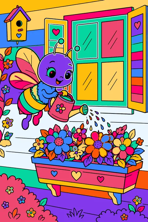 Bee with a watering can watering flowers in a window box coloring page