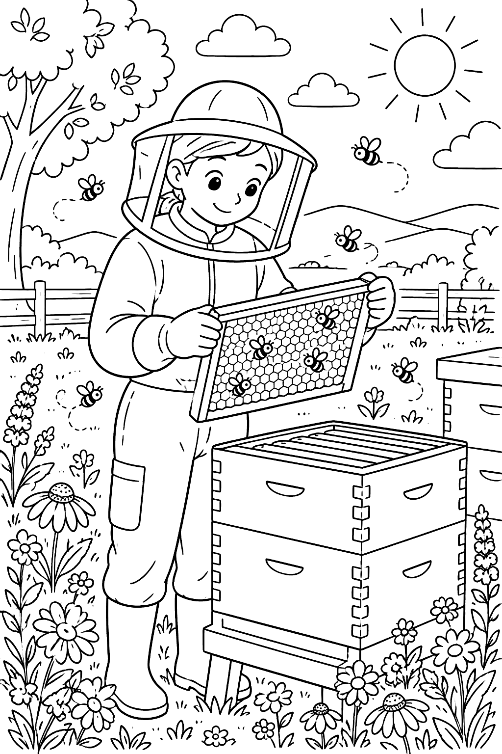 Beekeeper in a protective suit checking hive boxes in a flower meadow coloring page