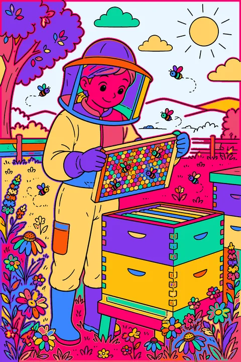 Beekeeper in a protective suit checking hive boxes in a flower meadow coloring page