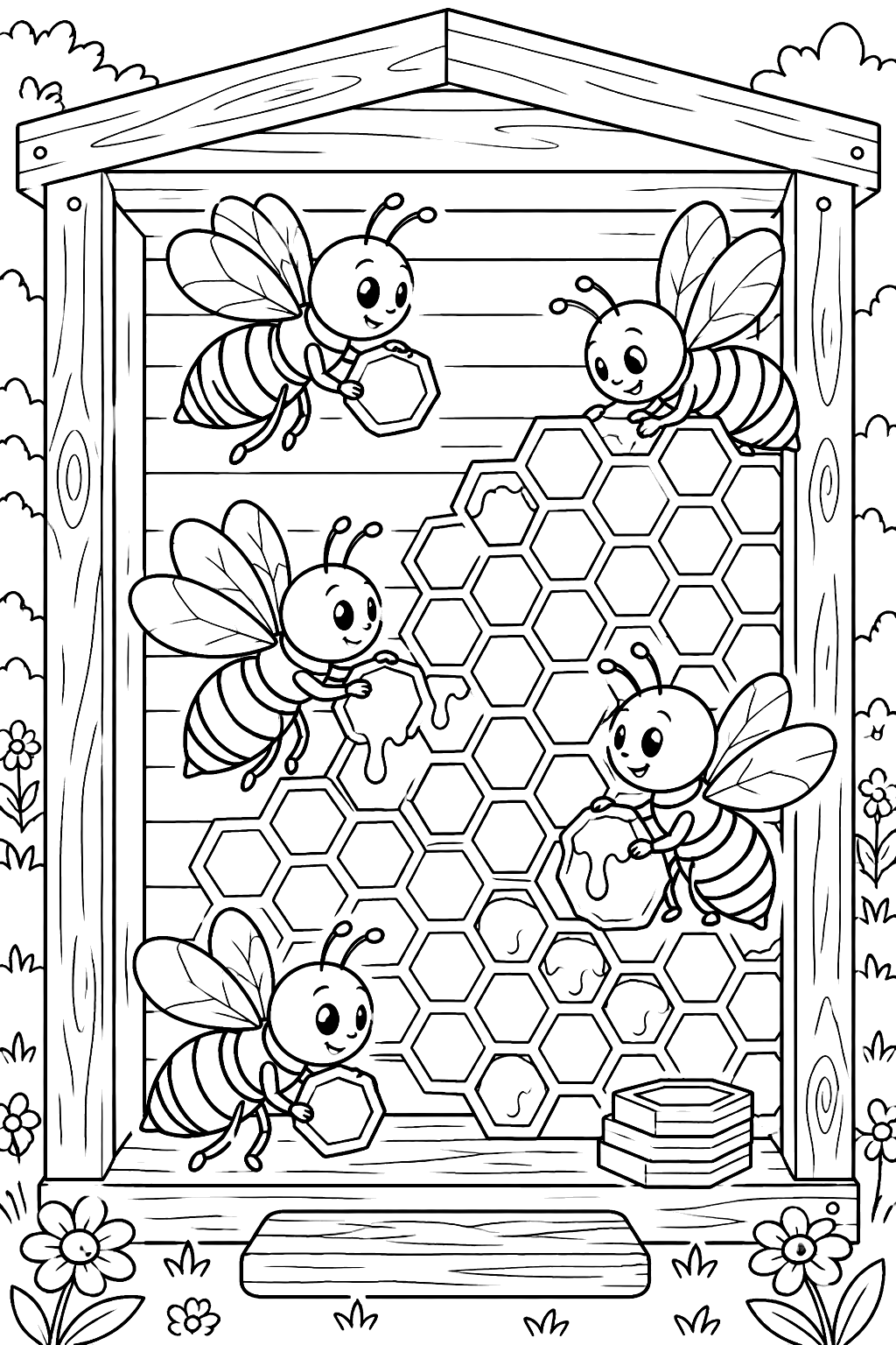Busy bees building honeycomb cells inside a wooden beehive coloring page