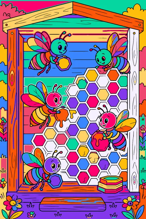 Busy bees building honeycomb cells inside a wooden beehive coloring page