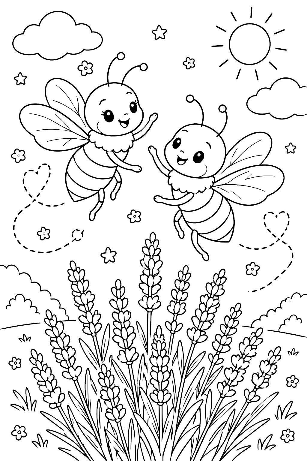 Two bees dancing in the air above a patch of lavender coloring page