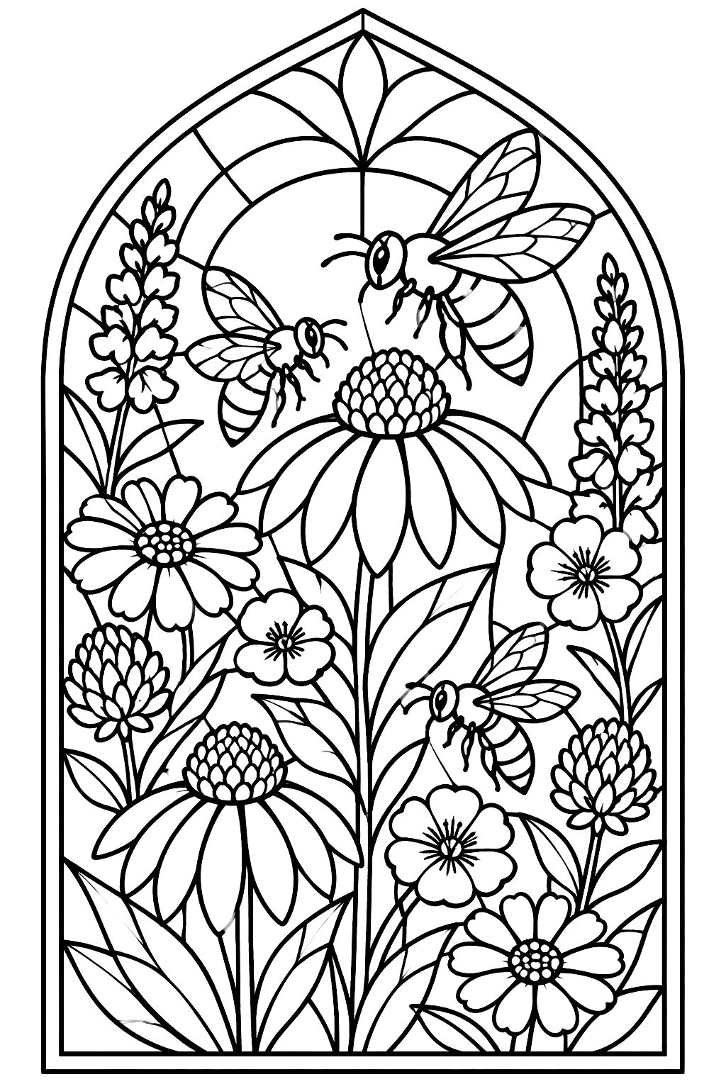 Bees and wildflowers in an ornate stained glass window design with leaded panels coloring page