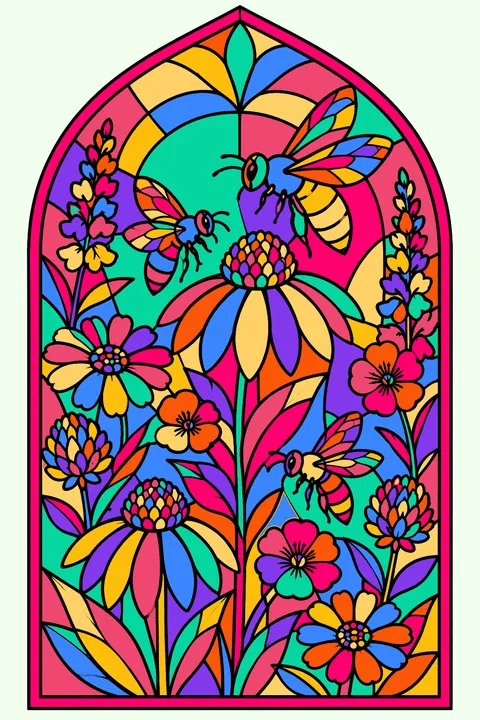 Bees and wildflowers in an ornate stained glass window design with leaded panels coloring page