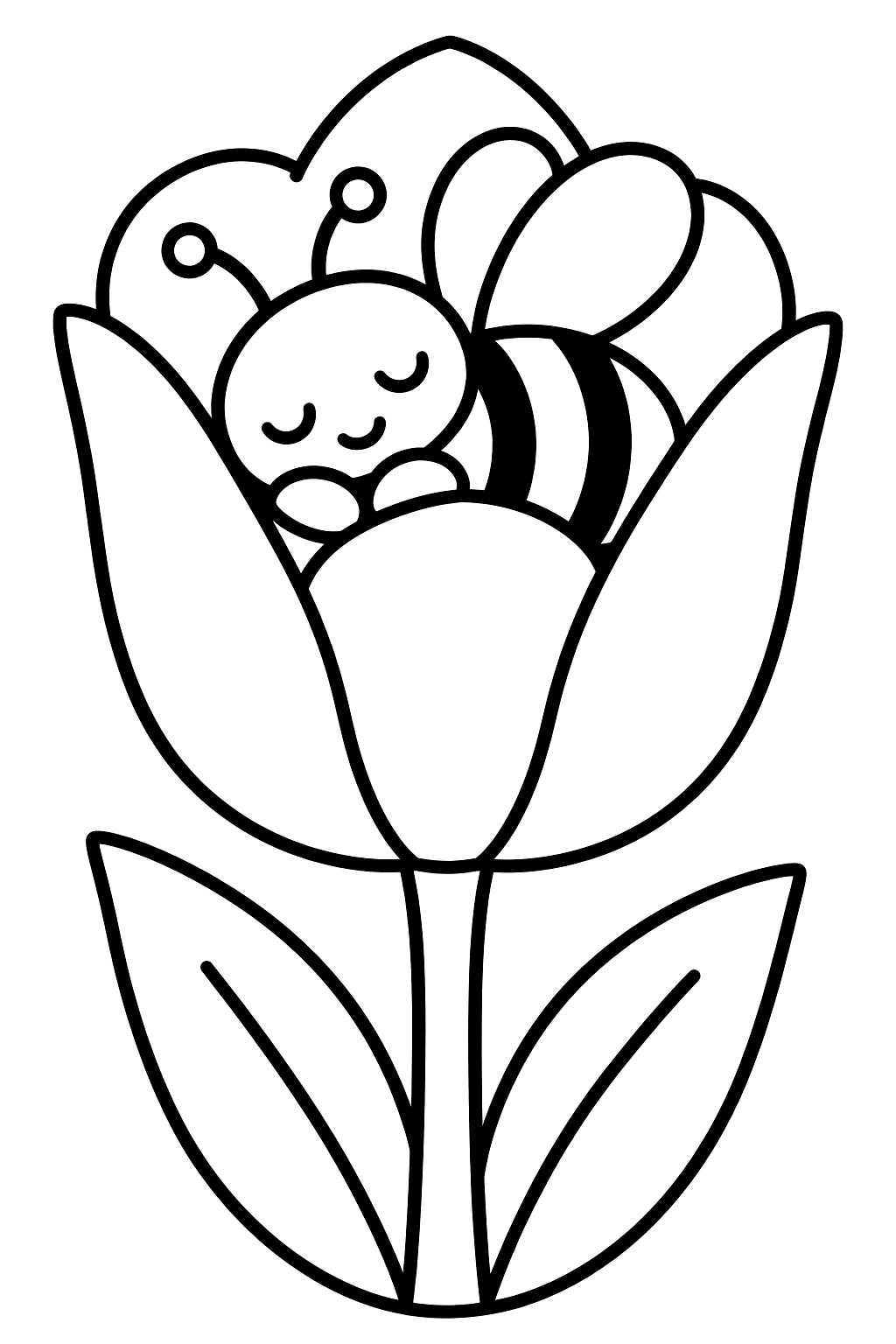 Sleepy bumblebee napping inside an open tulip flower coloring page