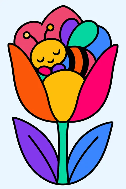 Sleepy bumblebee napping inside an open tulip flower coloring page