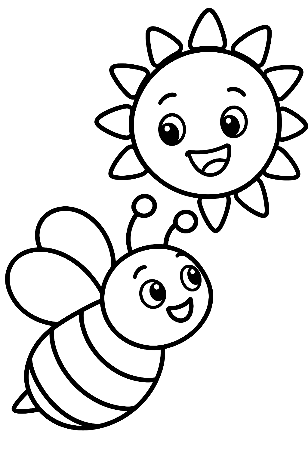Chubby bumblebee flying toward a big smiling sun coloring page