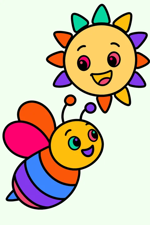Chubby bumblebee flying toward a big smiling sun coloring page