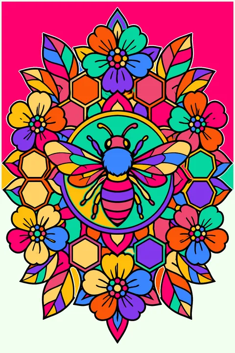 Bee at the center of an ornate mandala with honeycomb hexagons and flowers coloring page