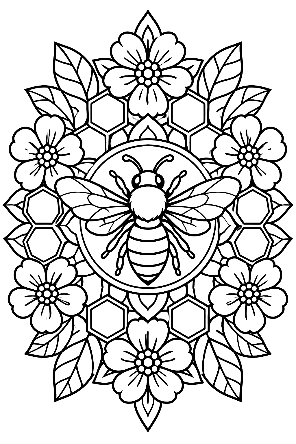 Bee at the center of an ornate mandala with honeycomb hexagons and flowers coloring page