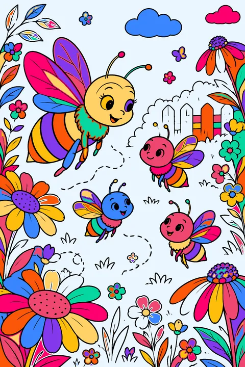 Mother bee teaching baby bees to fly between garden flowers coloring page