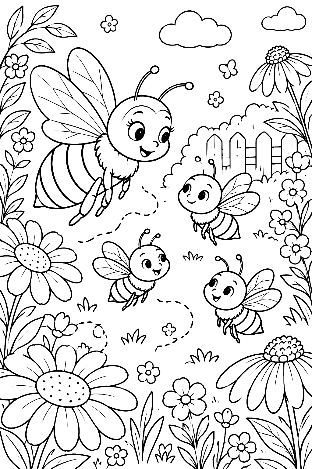 Mother bee teaching baby bees to fly between garden flowers coloring page