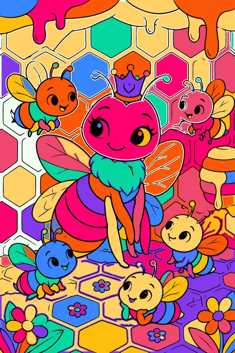 Queen bee wearing a little crown surrounded by baby bees in the hive coloring page