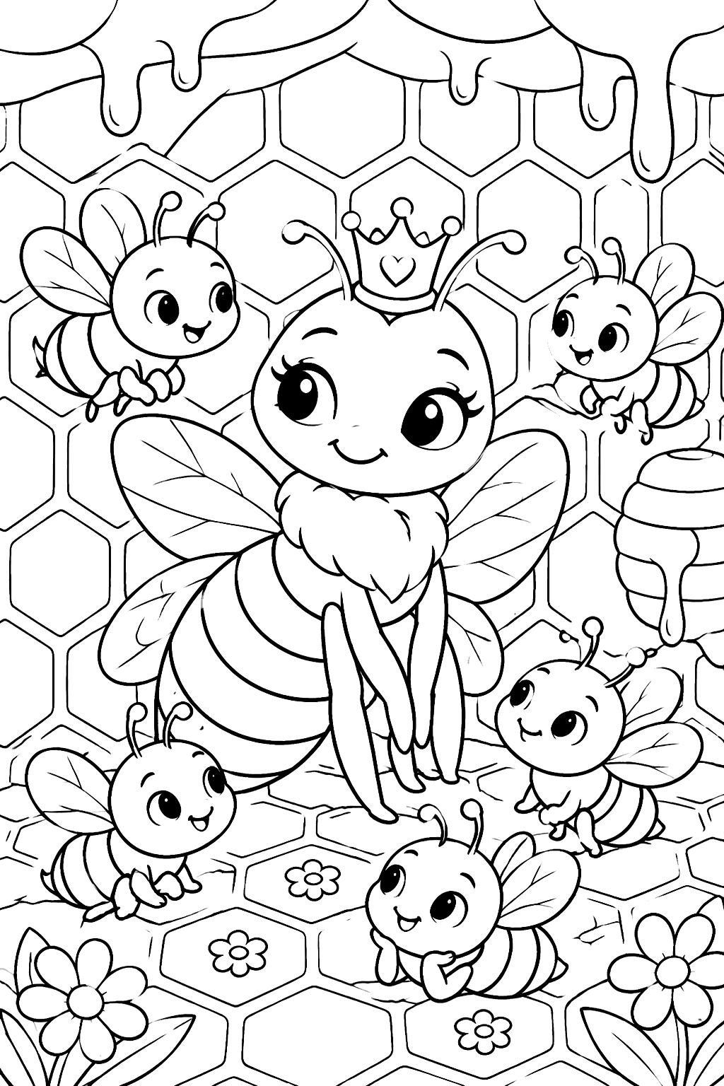 Queen bee wearing a little crown surrounded by baby bees in the hive coloring page