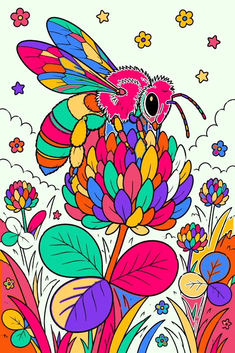 Realistic honeybee portrait resting on a clover blossom with veined wings coloring page