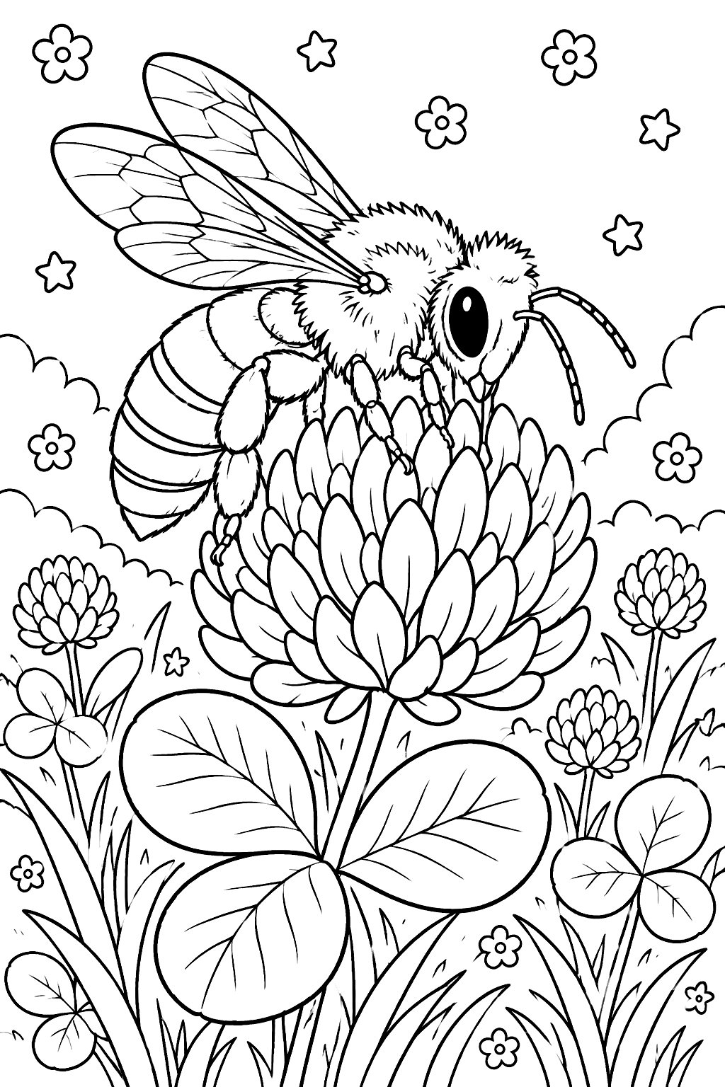 Realistic honeybee portrait resting on a clover blossom with veined wings coloring page