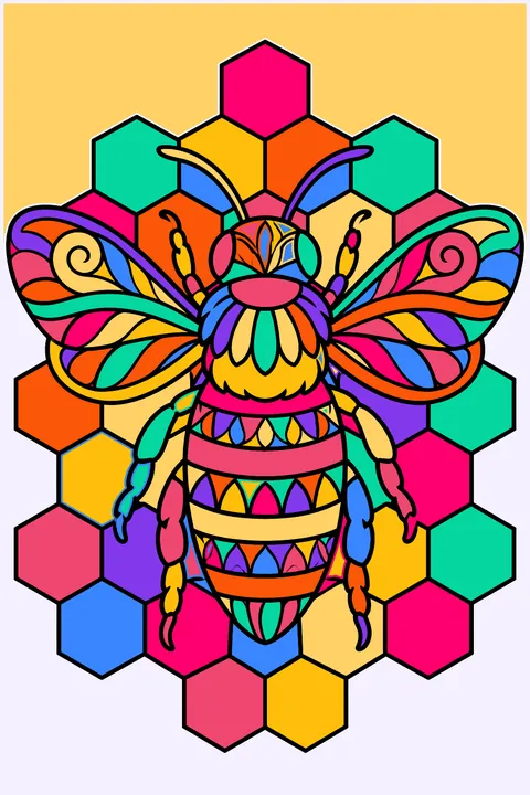 Bumblebee with zentangle patterned wings over a geometric honeycomb background coloring page