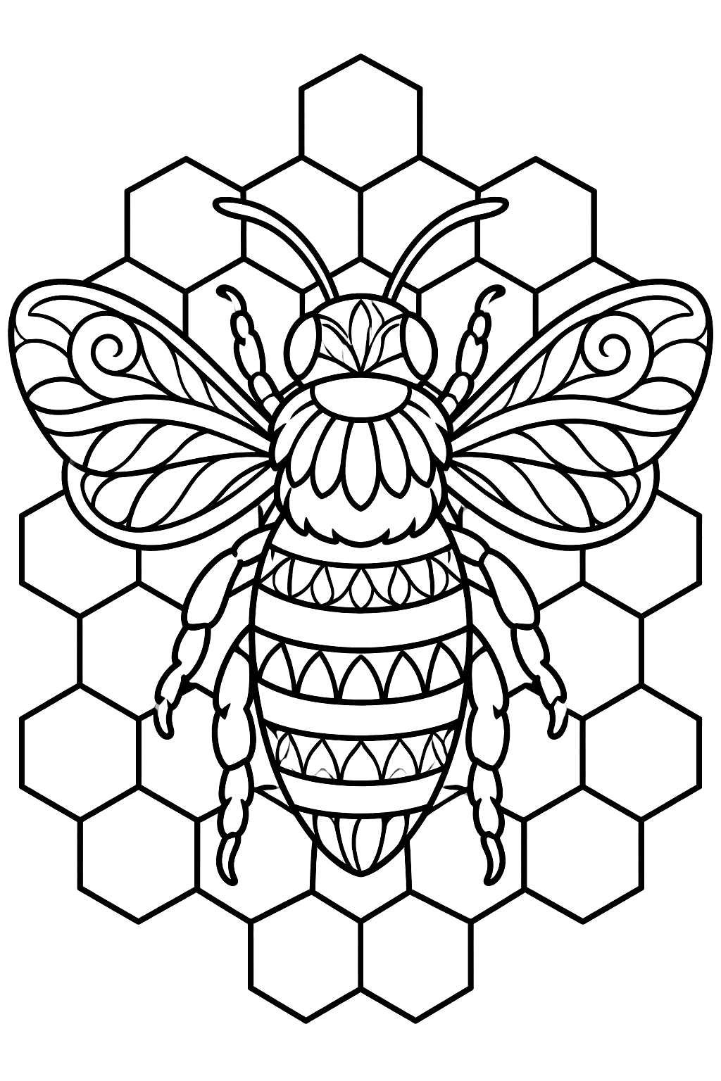 Bumblebee with zentangle patterned wings over a geometric honeycomb background coloring page