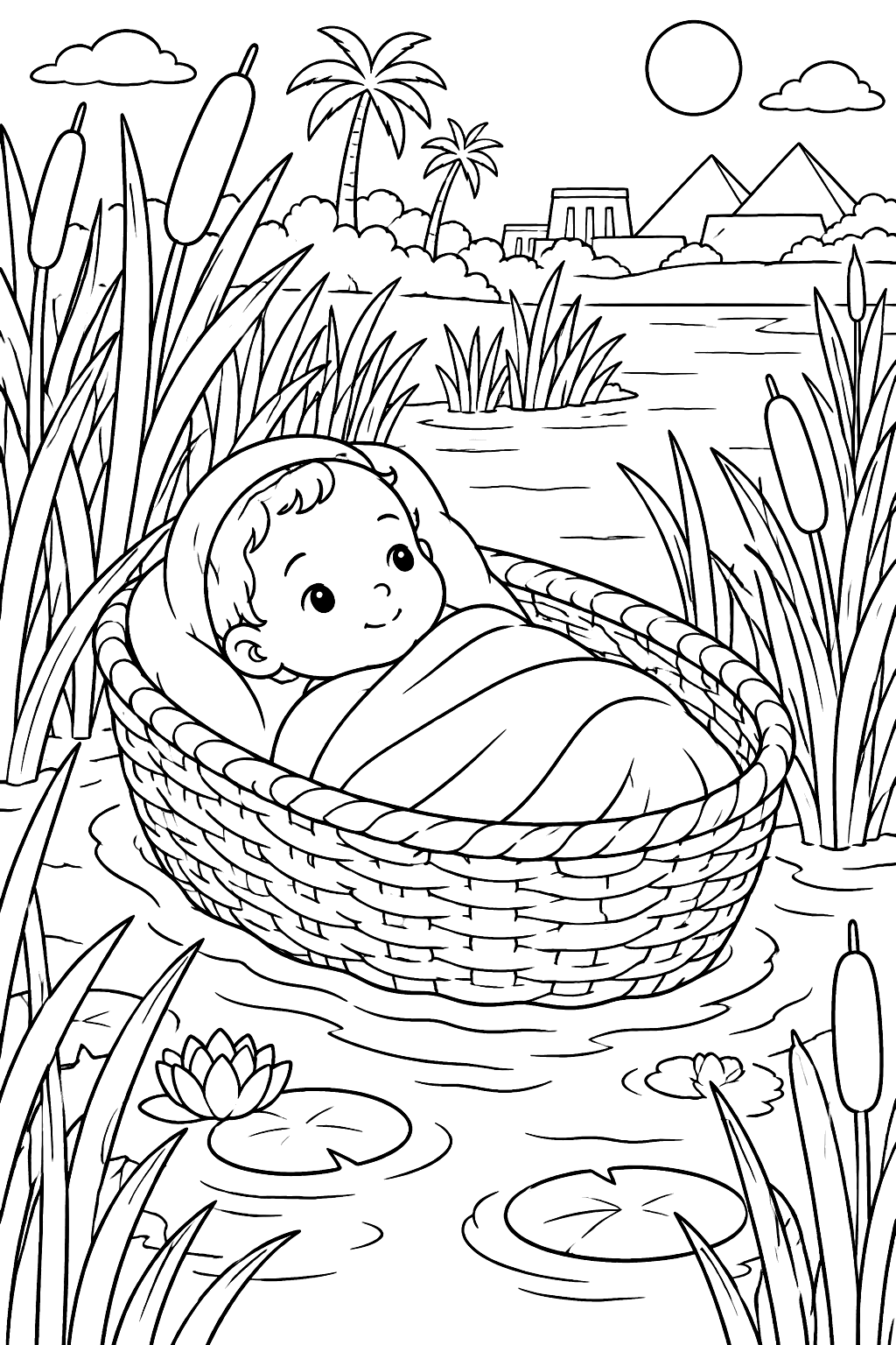 Baby moses in a woven basket floating among the reeds of the river coloring page