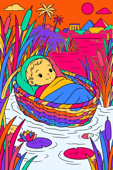 Baby moses in a woven basket floating among the reeds of the river coloring page