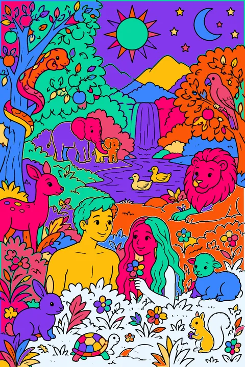 Creation scene of the garden of eden with trees, animals, sun and moon coloring page